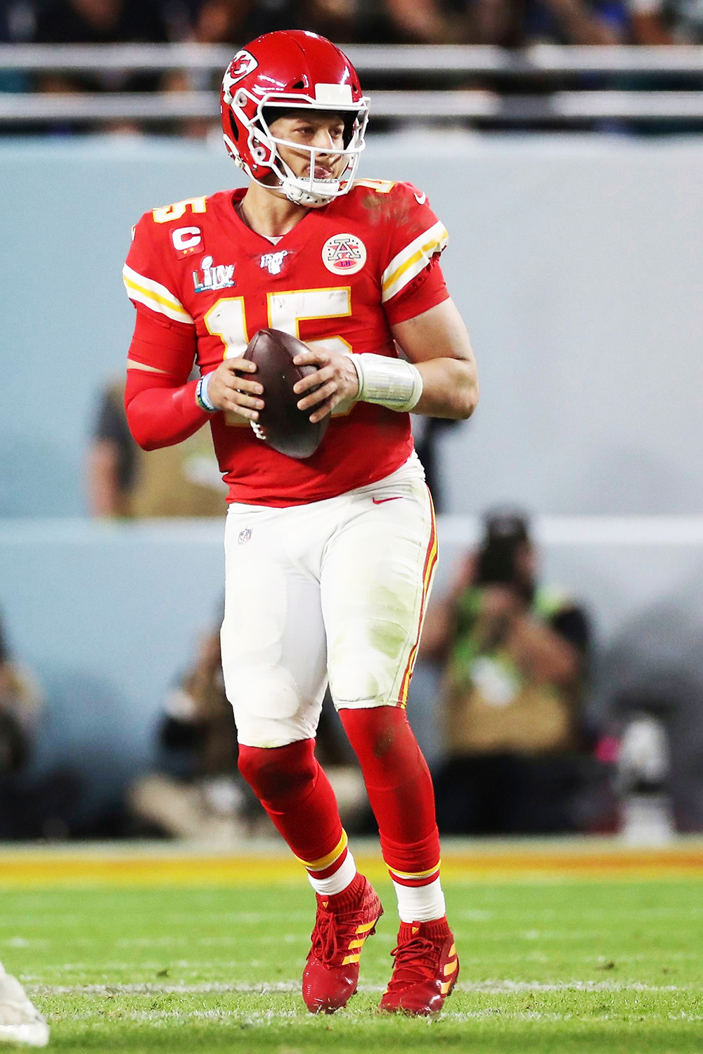 Kansas City Chiefs quarterback Patrick Mahomes (15) looks to make a pass during the second half of the NFL Super Bowl 54 football game between the San Francisco 49ers and Kansas City Chiefs, in Miami Gardens, Fla. The Kansas City Chiefs won 31-20Kansas City Chiefs v San Francisco 49ers, Super Bowl LIV, American Football, Hard Rock Stadium, Miami, Florida, USA - 02 Feb 2020