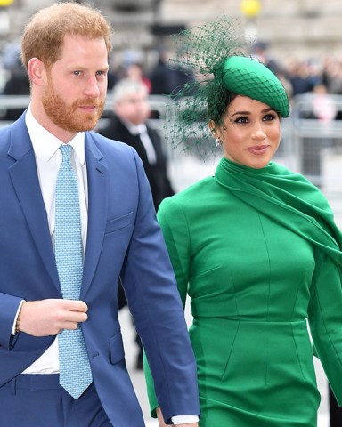 Prince Harry and Meghan Duchess of Sussex. The lining of Harry's jacket matched Meghan's dress
Commonwealth Day Service, Westminster Abbey, London, UK - 09 Mar 2020
The Duke and Duchess of Sussex are carrying out their final official engagement as senior royals