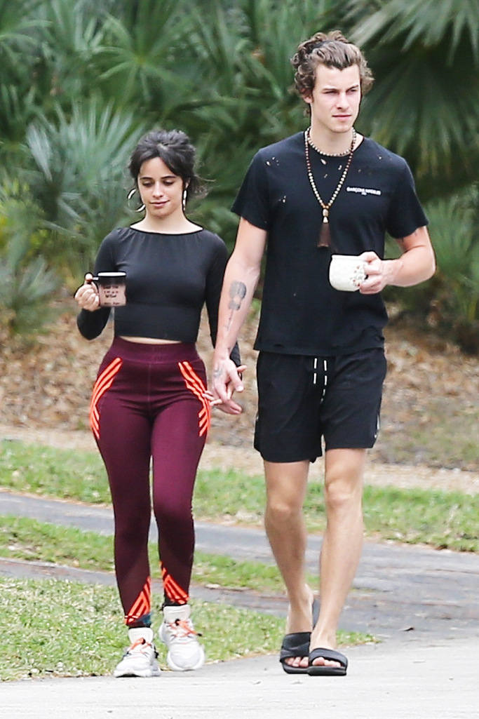 *EXCLUSIVE* Camila Cabello and Shawn Mendes hold hands as they step out for a dose of Vitamin D and coffee during a morning walk in Miami