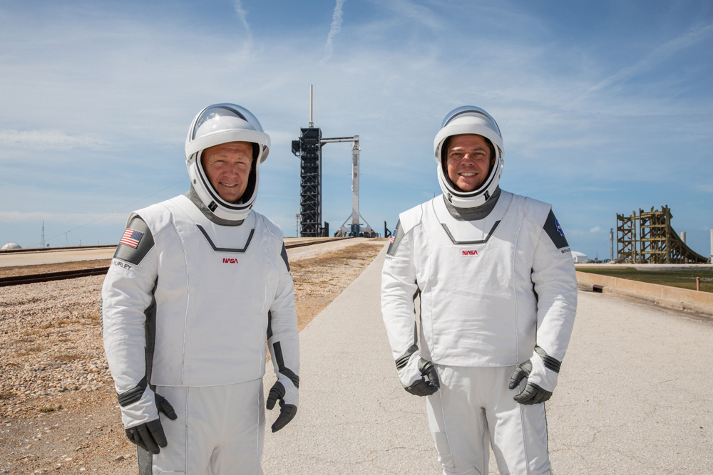 Editorial use only. HANDOUT /NO SALES
Mandatory Credit: Photo by Kim Shiflett/NASA HANDOUT/EPA-EFE/Shutterstock (10656515i)
(FILE) - A handout photo made available by NASA shows NASA astronauts Douglas Hurley (L) and Robert Behnken (R) participating in a dress rehearsal for a launch at Kennedy Space Center in Florida, USA, 23 May 2020  (reissued 27 May 2020), ahead of NASA's SpaceX Demo-2 mission to the International Space Station. Demo-2 will serve as an end-to-end flight test of SpaceX's crew transportation system, providing valuable data toward NASA certifying the system for regular, crewed missions to the orbiting laboratory under the agency's Commercial Crew Program. NASA astronauts Robert Behnken and Douglas Hurley are scheduled to ride the Crew Dragon spacecraft to the International Space Station at 4:33 p.m. EDT on 27 May. The launch would be the first manned space flight from US soil since 2011.
SpaceX Demo-2 Dress Rehearsal, Cape Canaveral, USA - 23 May 2020