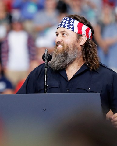 Willie Robertson, left, of the reality TV series Duck Dynasty, addresses the crowd at a campaign rally for President Donald Trump in Monroe, La., . Trump was in Louisiana to promote Republican Gubernatorial candidate Eddie Rispone, who is in a runoff with incumbent Democrat Gov. John Bel EdwardsTrump, Monroe, USA - 06 Nov 2019