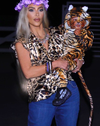 Kim Kardashian dresses up as Carole Baskin with her children, and Jonathan Cheban as Tiger King, Los Angeles, CA. 30 Oct 2020 Pictured: Kim Kardashian. Photo credit: MEGA TheMegaAgency.com +1 888 505 6342 (Mega Agency TagID: MEGA711379_001.jpg) [Photo via Mega Agency]