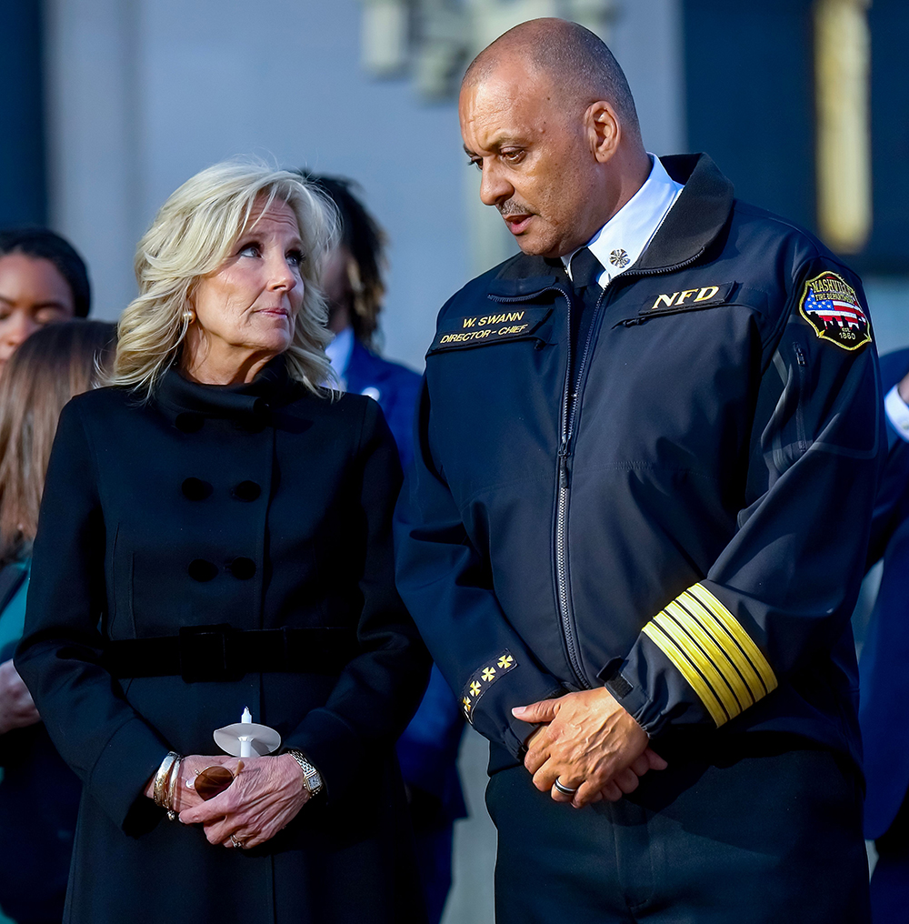 US First Lady Jill Biden (L) speaks with 
Nashville Emergency Management Director Chief William Swann (R) during a memorial vigil for the victims of the Covenant Presbyterian Church school shooting in Nashville, Tennessee, USA, 29 March 2023. Metro Nashville Police reported that three adults and three children were killed 27 March 2023 by a shooter who was confronted and killed by police.
Covenant Presbytarian Church school shooting in Nashville, USA - 29 Mar 2023