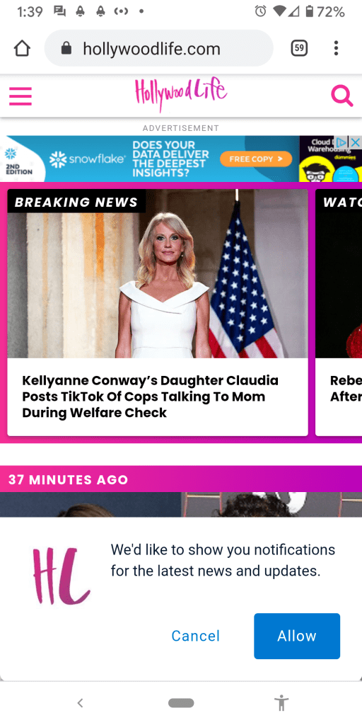An image of the HollywoodLife.com homepage open in a mobile web browser. A notification at the bottom of the screen reads "We would like to show you notifications for the latest news and updates" with one button on the left that says "Cancel" and a button on the right that says "Allow"