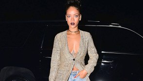Rihanna in denim shorts