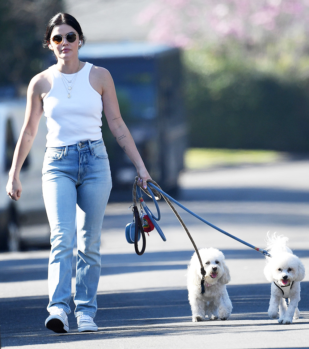 Lucy Hale walks her two dogs in the L.A. sunshine showing off her fit arms wearing a white tank top and tight jeans