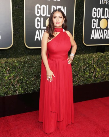 78th ANNUAL GOLDEN GLOBE AWARDS -- Pictured: Salma Hayek arrives to the 78th Annual Golden Globe Awards held at the Beverly Hilton Hotel on February 28, 2021. -- (Photo by: Todd Williamson/NBC)