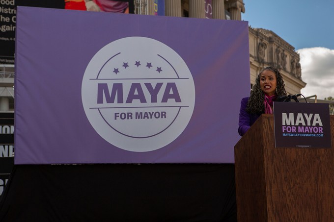 “Maya For Mayor” Proudly Flies Behind Maya During Speech