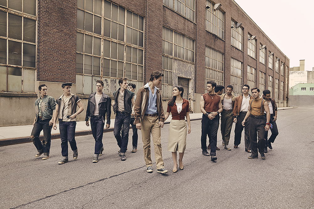 © 2019 Twentieth Century Fox Film Corporation.  All Rights Reserved.
Photo by Ramona Rosales.
Left to Right:
Anybodys (Ezra Menas), Mouthpiece (Ben Cook), Action (Sean Harrison Jones); Jets leader Riff (Mike Faist); Baby John (Patrick Higgins); Tony (Ansel Elgort) and Maria (Rachel Zegler); Maria’s brother and Sharks leader Bernardo (David Alvarez); and Sharks members Quique (Julius Anthony Rubio), Chago (Ricardo Zayas), Chino (Josh Andrés Rivera), Braulio (Sebastian Serra) and Pipo (Carlos Sánchez Falú)