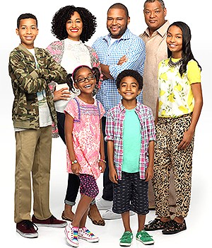 BLACK-ISH (aka BLACK'ISH),  l-r: Marcus Scribner, Tracee Ellis Ross, Marsai Martin, Anthony Anderson, Miles Brown, Laurence Fishburne, Yara Shahidi,  (Season 1, 2014). ph: Craig Sjodin/©ABC/courtesy Everett Collection