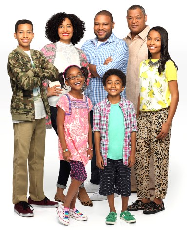 BLACK-ISH (aka BLACK'ISH),  l-r: Marcus Scribner, Tracee Ellis Ross, Marsai Martin, Anthony Anderson, Miles Brown, Laurence Fishburne, Yara Shahidi,  (Season 1, 2014). ph: Craig Sjodin/©ABC/courtesy Everett Collection