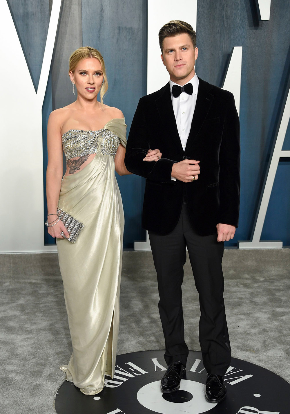 Scarlett Johansson, Colin Jost. Actor Scarlett Johansson, left, and fiancé Colin Jost arrive at the Vanity Fair Oscar Party, in Beverly Hills, Calif
92nd Academy Awards - Vanity Fair Oscar Party, Beverly Hills, USA - 09 Feb 2020