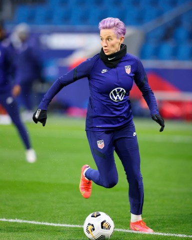 United States' Megan Rapinoe warms up before an international friendly women's soccer match between the United States and France in Le Havre, France
US Soccer, Le Havre, France - 13 Apr 2021