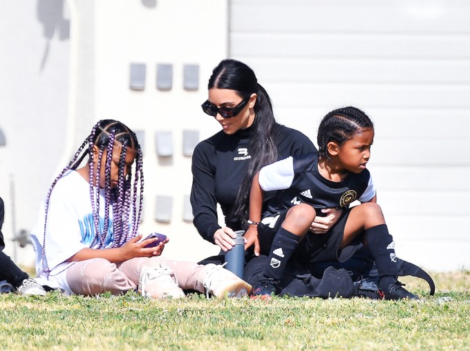 Kim Kardashian With North & Saint at Soccer