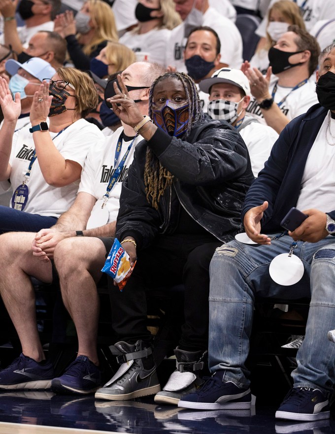 Pain courtside at Utah Jazz First Playoff Game Wearing Custom Ruffles Armored Ridge Tops Sneakers