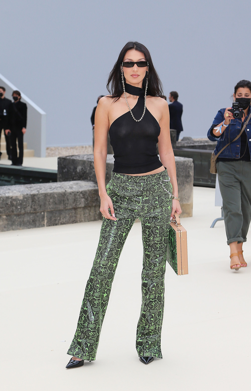 Bella Hadid wearing a see-through top seenarriving at the Dior Men Fashion show at Invalides in Paris on june 25th 2021. 25 Jun 2021 Pictured: Bella Hadid. Photo credit: KCS Presse / MEGA TheMegaAgency.com +1 888 505 6342 (Mega Agency TagID: MEGA765102_007.jpg) [Photo via Mega Agency]