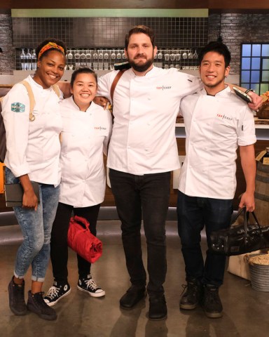 TOP CHEF -- "The Cheesier The Better" Episode 1812 -- Pictured: (l-r) Dawn Burrell, Jamie Tran, Gabe Erales, Shota Nakajima -- (Photo by: David Moir/Bravo)