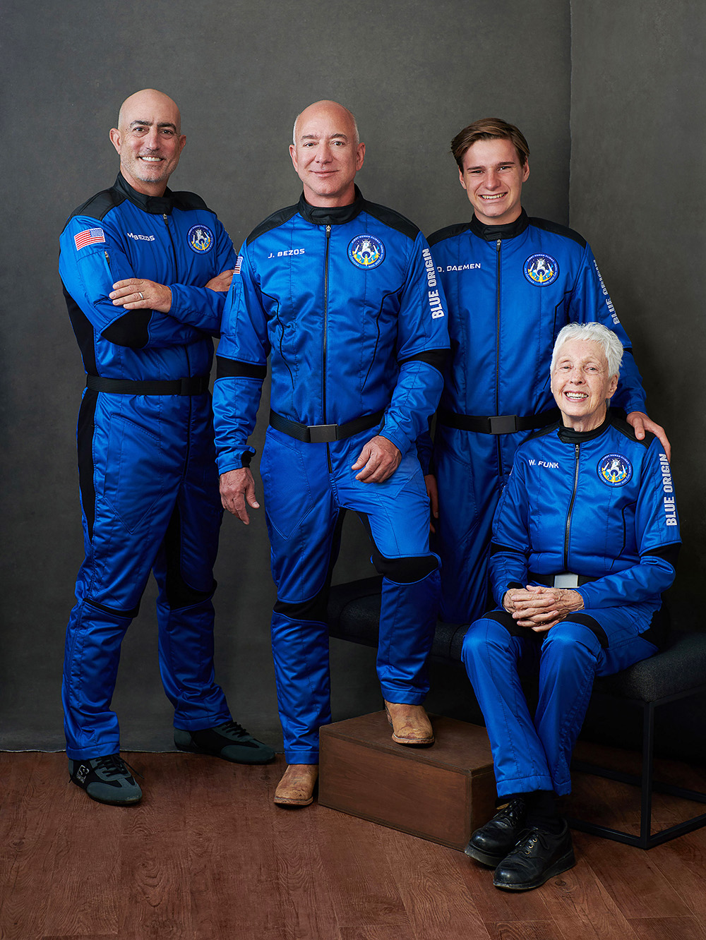 Blue Origin's New Shepard suborbital rocket remains on schedule to launch on its 16th flight to space and its first with astronauts on board on Tuesday, July 20, 2021, from Launch Site One, 160 miles east of El Paso, Texas. Founder Jeff Bezos, second from left, will be accompanied aboard the flight by his brother Mark Bezos, left, 82-year-old aviator Wally Funk, seated, and 18-year-old Oliver Daemen, right, of the Netherlands. Funk and Daemen will become the oldest and youngest people to fly in space, respectively. Daemen will also become the first paying customer Blue Origin will send into space.Blue Origin's New Shepard Rocket Prepares for First Crewed Launch, Washington, District of Columbia, United States - 20 Jul 2021