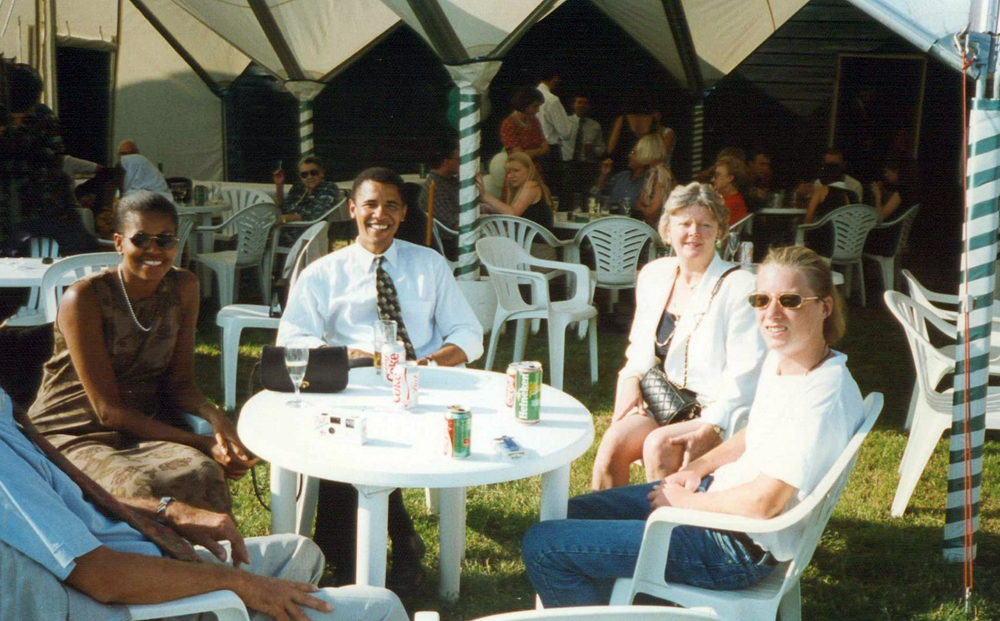 Michelle Obama, Barack Obama, Dianne and William MannersBarack Obama at the wedding of Ian Manners to Obama's half-sister Auma, Stokes Farm, Wokingham, Britain 1996(l-r) Michelle Obama (Barack's wife), BaraCk Obama, Ian Manners' sister Dianne and far right Dianne's son William at the wedding reception held at Stokes Farm, Wokingham.