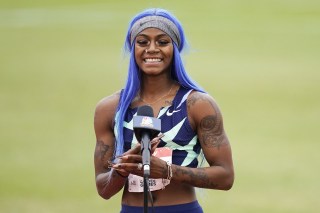 Sha'Carri Richardson is interviewed after winning her heat of the the women's 100-meter dash prelim during the USATF Golden Games at Mt. San Antonio College, in Walnut, Calif
USATF Golden Games, Walnut, United States - 09 May 2021