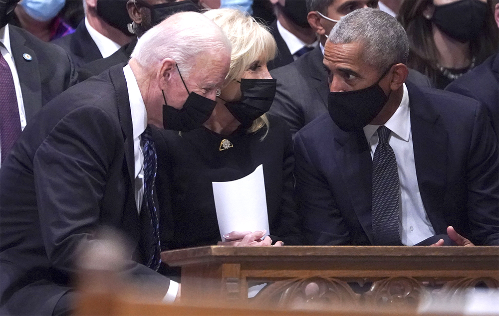 President Joe Bien, First Lady Jill Biden and Former President Barack Obama (R) meet at the funeral service of Colin Powell at the National Cathedral in Washington, DC on November 5, 2021. Colin Powell died October 18, at the age of 84, from complications of COVID-19 after a battle with brain cancer.     Photo Leigh Vogel/UPI
Gen. Colin Powell Memorial Service at Washington National Cathedral, District of Columbia, United States - 05 Nov 2021