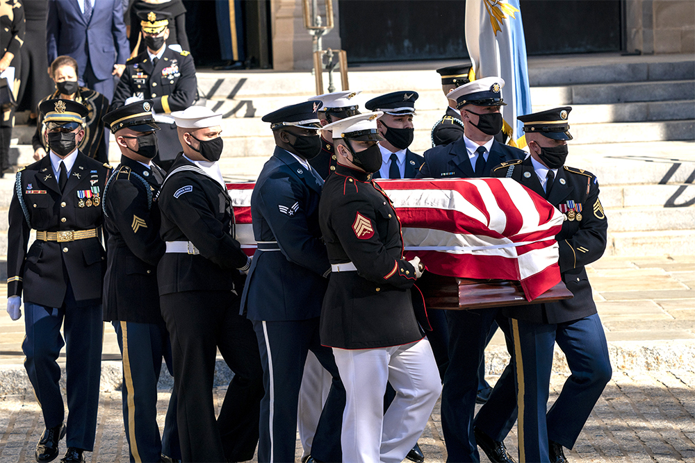 Alma Powell, wife of Secretary of State Colin Powell, and members the Powell family exit behind the casket of former Secretary of State and Army general Colin Powell following memorial services at the National Cathedral in Washington, DC, November 5, 2021. Colin Powell died October 18, at the age of 84, of complications from COVID-19 after a battle with brain cancer.     Photo Ken Cedeno/UPI
Gen. Colin Powell Memorial Services at Washington National Cathedral, District of Columbia, United States - 05 Nov 2021