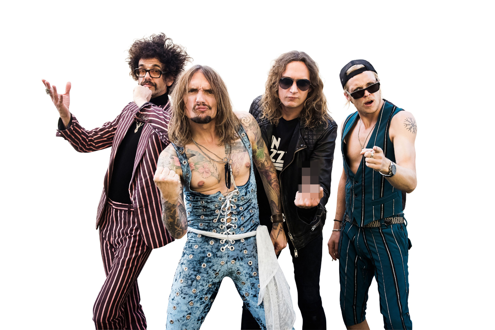 Editorial Use OnlyMandatory Credit: Photo by Classic Rock Magazine/Future/Shutterstock (10719404e)(L-R) Frankie Poullain, Justin Hawkins, Dan Hawkins and Rufus Taylor of British rock group The Darkness, photographed at Chantry Park in Ipswich on August 23, 2019The Darkness Portrait & Live Shoot, Ipswich, UK - 23 Aug 2019