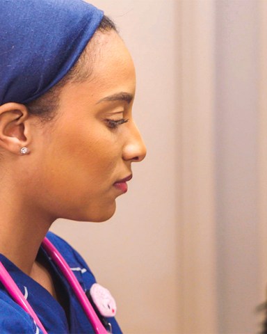 Chantel getting ready for her nursing job.