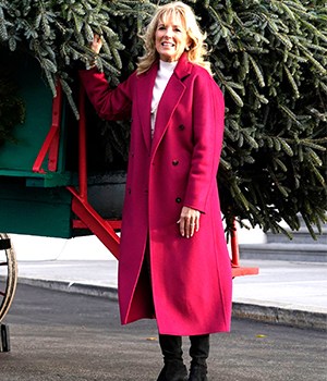 First lady Jill Biden receives the official 2021 White House Christmas tree at the White House, in Washington. This year's tree is an 18.5-foot Fraser fir presented by Rusty and Beau Estes of Peak Farms in Jefferson, N.CJill Biden, Washington, United States - 22 Nov 2021