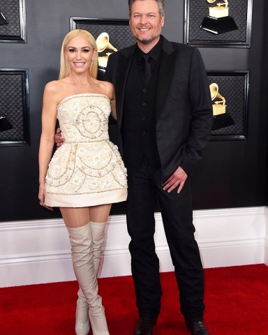 Gwen Stefani, Blake Shelton. Gwen Stefani, left, and Blake Shelton arrive at the 62nd annual Grammy Awards at the Staples Center, in Los Angeles
62nd Annual Grammy Awards - Arrivals, Los Angeles, USA - 26 Jan 2020