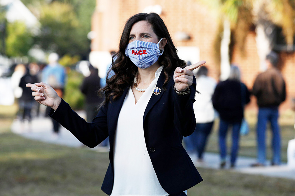 Republican U.S. House candidate Nancy Mace talks to voters at Moultrie Middle School, in Mount Pleasant, S.C. Mace is running for South Carolina's 1st Congressional District
Election 2020 House Mace, Mount Pleasant, United States - 03 Nov 2020