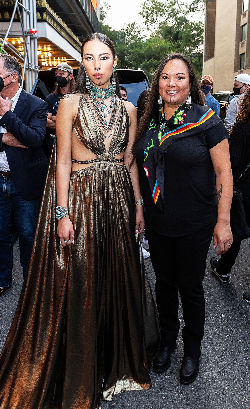 Quannah Chasinghorse wearing dress by Peter Dundas and her mother Jody Pitts depart The Pierre Hotel for the 2021 Met Gala Celebrating In America: A Lexicon Of Fashion.
Met Gala 2021 departures from The Pierre hotel, New York, United States - 12 Sep 2021