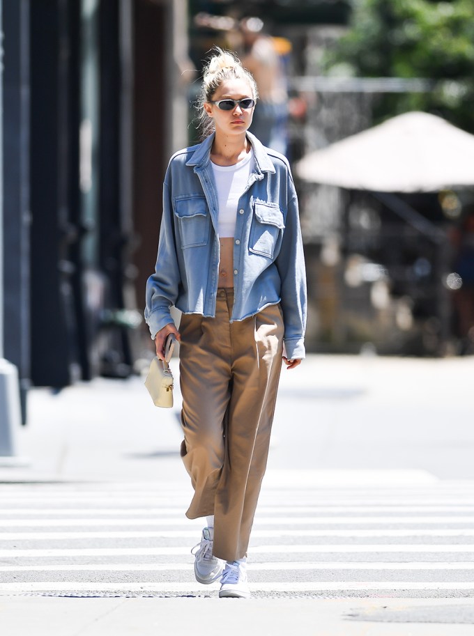 Gigi Hadid In Crop Top & Denim Shirt