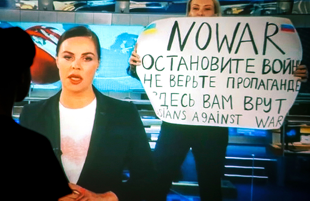 The on-air protest on Russian TV against Russian military operation in Ukraine, Moscow, Russian Federation - 15 Mar 2022