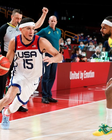 Devin Booker of Team United States controls the ball during the Men's Basketball Semifinal match between USA and Australia on Day 13 of the Tokyo 2020 Olympic Games
Tokyo Olympic Games 2020, Saitama Super Arena, Tokyo, Japan - 05 Aug 2021