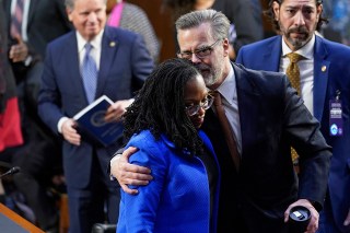 Supreme Court nominee Judge Ketanji Brown Jackson gets a hug from her husband Dr. Patrick Jackson, at the conclusion of her confirmation hearing before the Senate Judiciary Committee on Capitol Hill in Washington
Supreme Court Nomination, Washington, United States - 23 Mar 2022