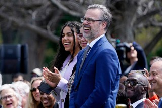 Judge Ketanji Brown Jackson's husband, Dr. Patrick Jackson, and daughters Talia Jackson, center, and Leila Jackson, left, look, during an event on the South Lawn of the White House in Washington, celebrating the confirmation of Jackson as the first Black woman to reach the Supreme Court
Biden Supreme Court, Washington, United States - 08 Apr 2022