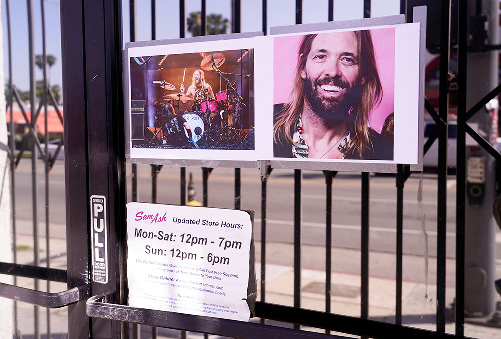 Pictures of the late Foo Fighters drummer Taylor Hawkins adorn the front entrance to Sam Ash Drum Shop, in Los Angeles. Hawkins died suddenly last Friday while on tour with the Foo Fighters in Bogota, Colombia
Music Taylor Hawkins, Los Angeles, United States - 30 Mar 2022