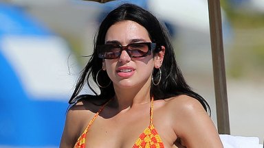 Dua Lipa Orange and Yellow Bikini