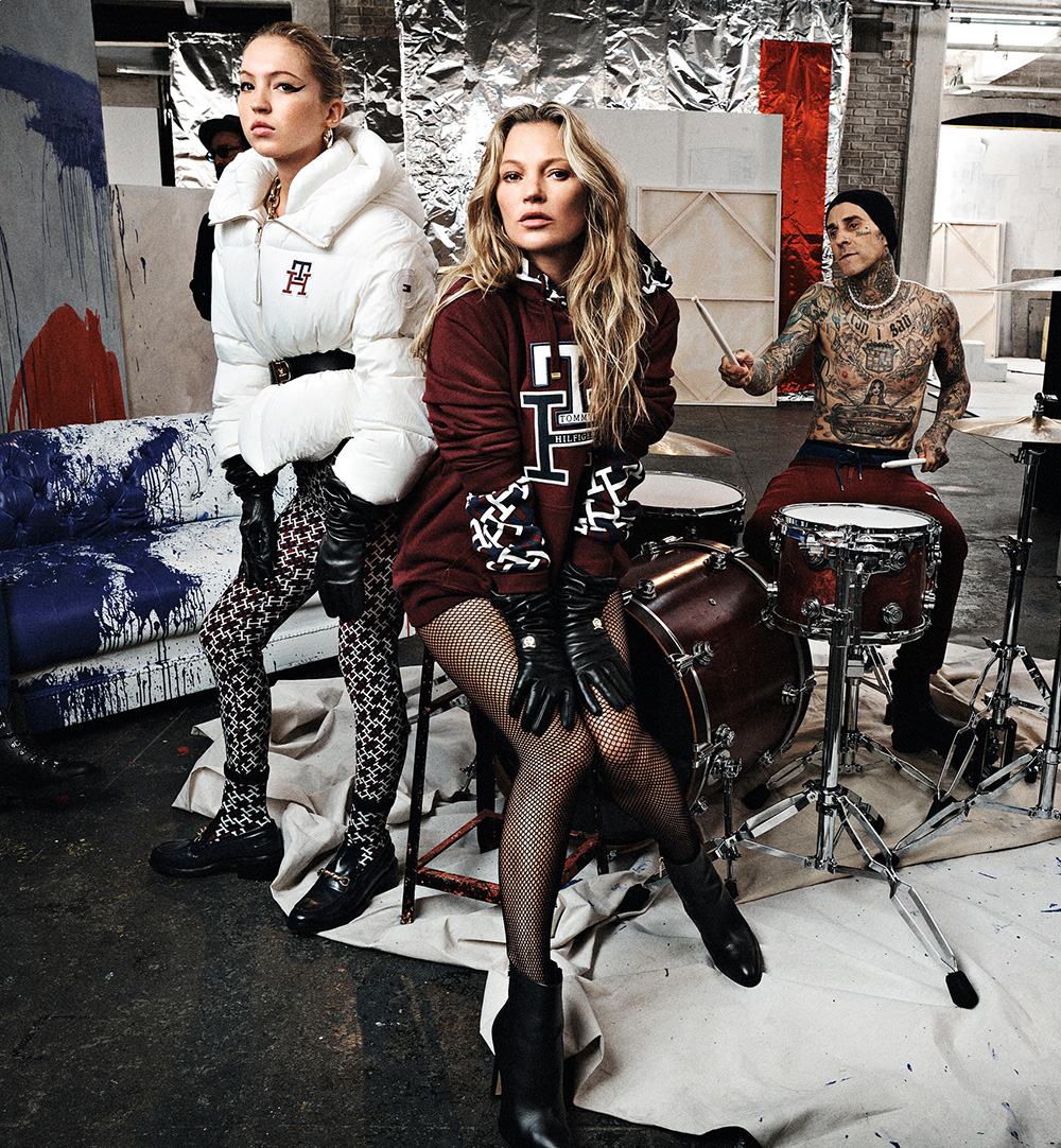 Kate Moss and lookalike daughter Lila star in this Andy Warhol-inspired fashion campaign for Tommy Hilfiger. Kate, 48, and Lila, 19, appear alongside drummer Travis Barker in the fall 2022 promo. Soo Joo Park, Georgia Palmer, Jon Batiste, Anthony Ramos, Lady Bunny, Steve Wiebe, and others also feature. The look was inspired by pop artist Warhol's famous Factory in New York City. "We’ve taken the spirit of Andy Warhol’s famed Factory and reimagined it in red, white and blue – colliding people and perspectives to spark new creativity," the brand said. The images were shot by Craig McDean for Tommy Hilfiger in the Bronx. Editorial usage. Credit Courtesy of Tommy Hilfiger / MEGA. 15 Sep 2022 Pictured: Kate Moss, Lila Moss, Travis Barker. Photo credit: Courtesy of Tommy Hilfiger/MEGA TheMegaAgency.com +1 888 505 6342 (Mega Agency TagID: MEGA896477_002.jpg) [Photo via Mega Agency]