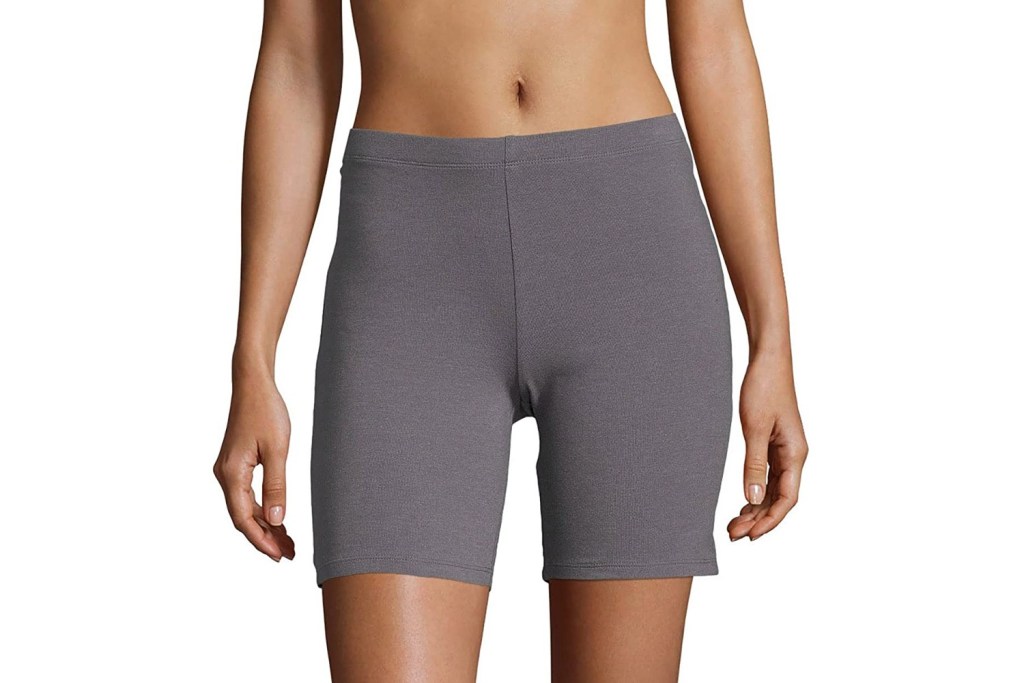 A woman wearing grey Hanes bike shorts