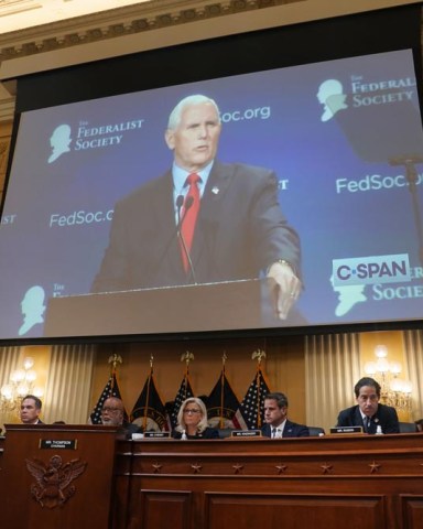 A monitor shows former US Vice President Mike Pence  during a public hearing of the House Select Committee to Investigate the January 6th Attack on the US Capitol, on Capitol Hill in Washington, DC, USA, 16 June 2022. The committee is expected to hold at least six public hearings.
January 6 House select committee hearings, Washington, Usa - 16 Jun 2022