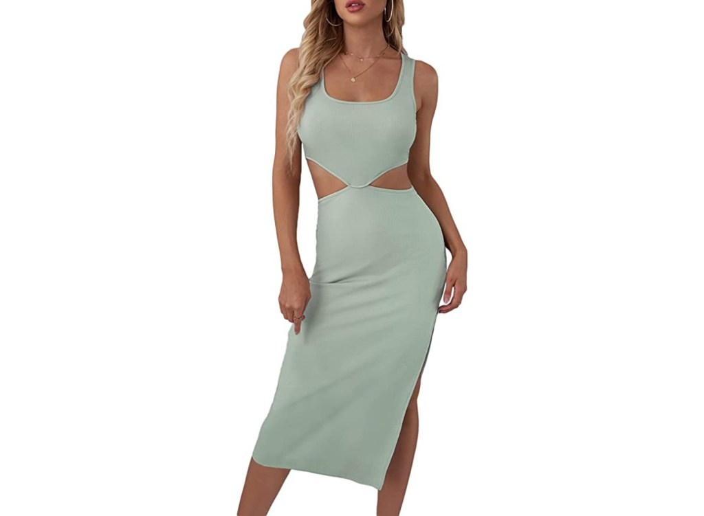 A woman wearing a mint green Verdusa dress.