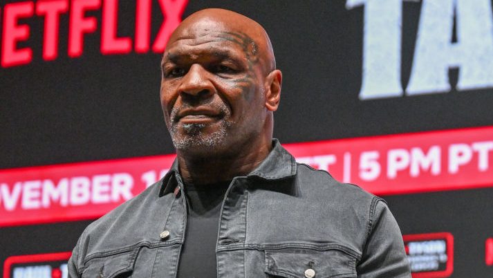 IRVING, TEXAS - NOVEMBER 13: Mike Tyson pose at a press conference at the Toyota Music Factory in Irving, Texas on November 13, 2024 ahead of his match with Jake Paul for heavyweight world titles of the Premiere Boxing Championship which will be on November 15 Friday night at AT&T Stadium in Arlington, Texas, United States. (Photo by Tayfun Coskun/Anadolu via Getty Images)