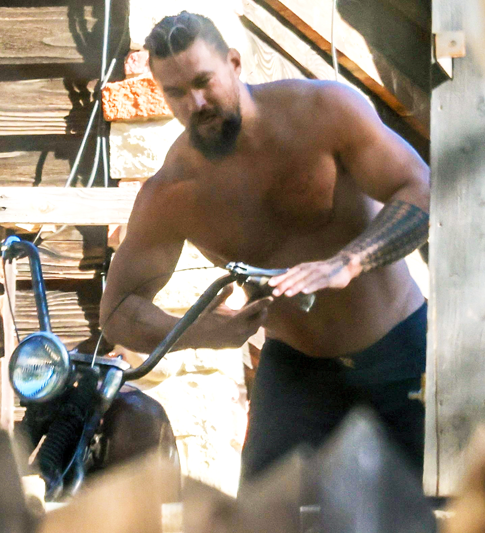 *EXCLUSIVE* Jason Momoa works Shirtless on his vintage motorcycles in Malibu after delivering tree to ex Lisa as couple are reportedly spending holidays together.