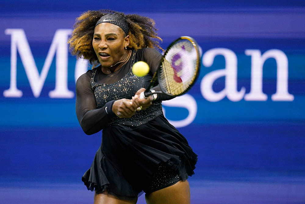 Serena Williams, of the United States, returns a shot to Danka Kovinic, of Montenegro, during the first round of the US Open tennis championships, in New York
US Open Tennis, New York, United States - 29 Aug 2022