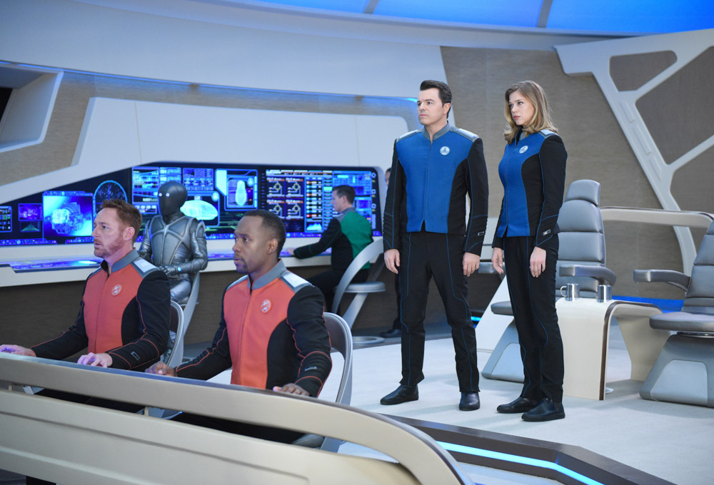 THE ORVILLE, l-r: Scott Grimes, Mark Jackson, J. Lee, Seth MacFarlane, Adrianne Palicki in 'Old Wounds' (Season 1, Episode 1, aired September 10, 2017). ph: Michael Becker/©Fox/courtesy Everett Collection