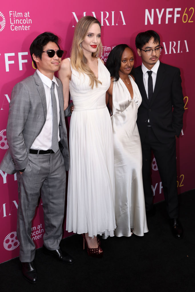 NEW YORK, NEW YORK - SEPTEMBER 29: Pax Thien Jolie-Pitt, Angelina Jolie, Zahara Marley Jolie and Maddox Chivan Jolie-Pitt attend the 'Maria' screening during the 62nd New York Film Festival at Alice Tully Hall, Lincoln Center on September 29, 2024 in New York City. (Photo by John Berry/GC Images)