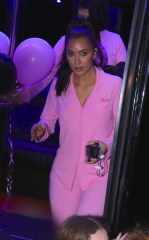 Kim Kardashian wears custom pink sleepwear outfit as she matches her daughter North and sister Kourtney as they celebrate on a party bus for her 10th birthday in Los Angeles. Kim was all smiles as she held onto multiple cell phones as they ended their night back at the Beverly Hills Hotel where they were treated to a villa for North and all of her friends. 14 Jun 2023 Pictured: North West, Kim Kardashian, Kourtney Kardashian. Photo credit: MEGA TheMegaAgency.com +1 888 505 6342 (Mega Agency TagID: MEGA995513_001.jpg) [Photo via Mega Agency]