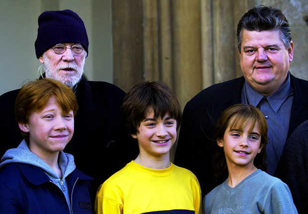 Richard Harris, Robbie Coltrane, Daniel Radcliffe, Emma Watson, 2001